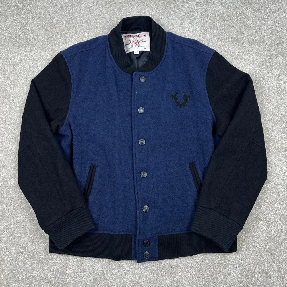 True Religion Mens Wool Blend Varsity Bomber Jacket Navy Black XL TRUE RLGN Logo